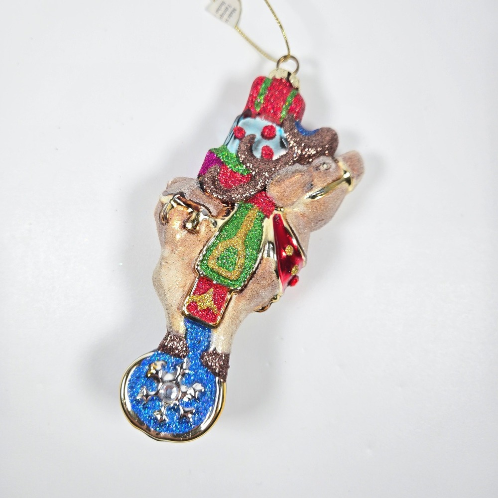 Nice Blown Glass Christmas Ornament Rheindeer Glitter‎ Sparkle Bejeweled Costco